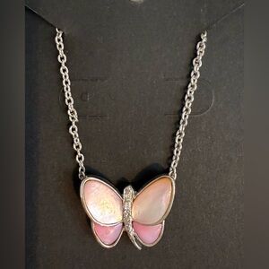 Sterling Silver Butterfly Pendant Necklace with Pink Mother-of-Pearl Inlay 925
